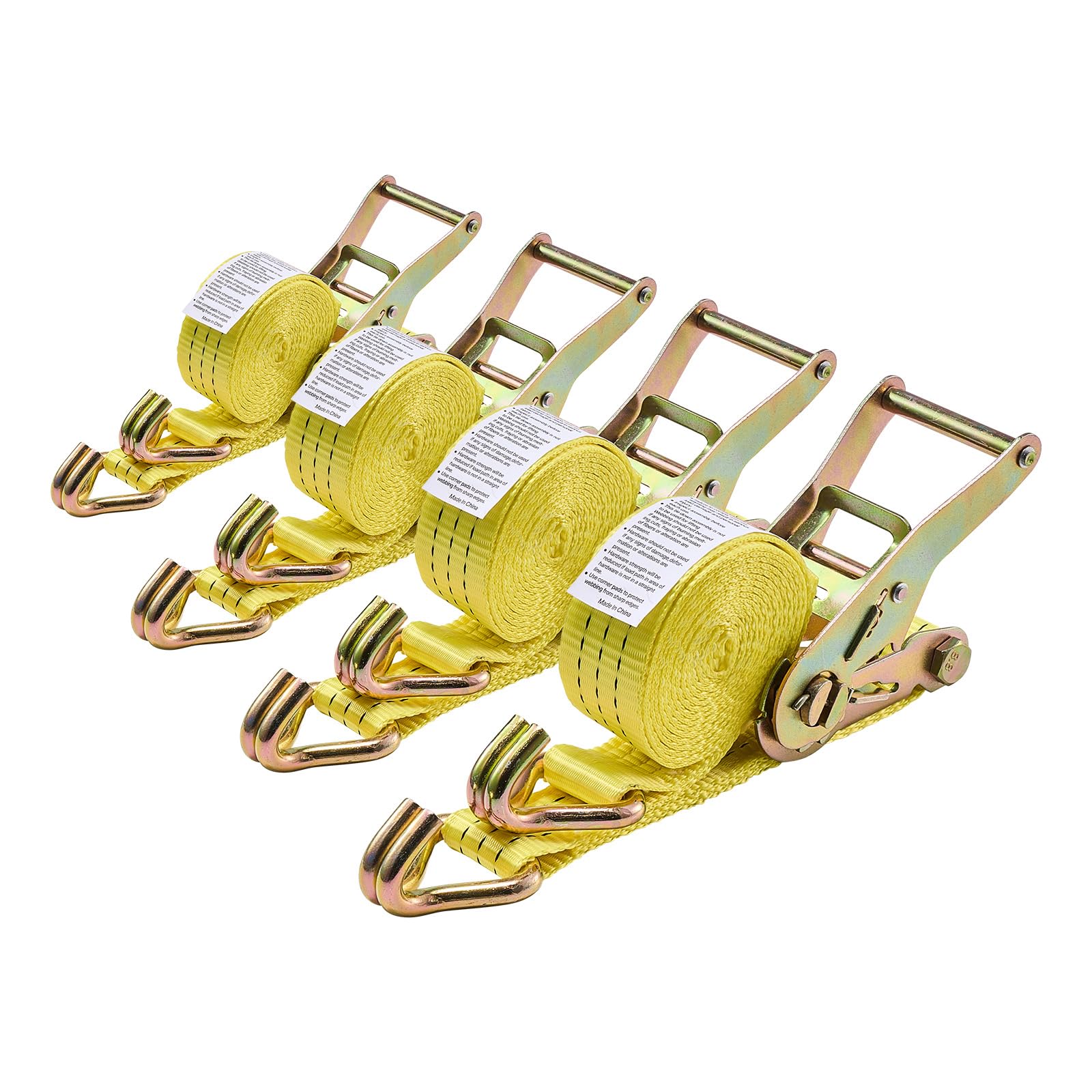 VEVOR Sangle à Cliquet 3,8 cm x 3 m Sangle d'Arrimage Lot de 4 Sangles de Chargement Fixation pour Déménagement Remorques Motos Kayaks Toit Voiture, avec Crochet Double J Résistance à Rupture 3000 kg