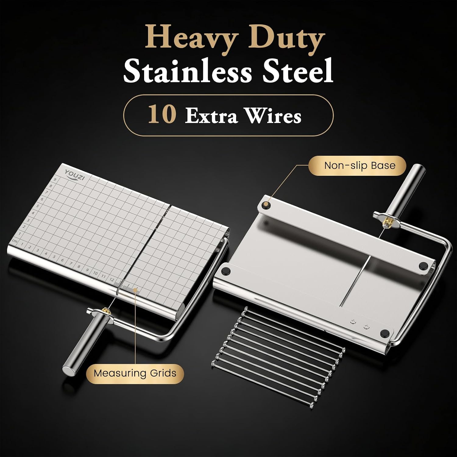 YOUZI Adjustable Cheese Slicer with 10 Replacement Wires, Heavy Duty