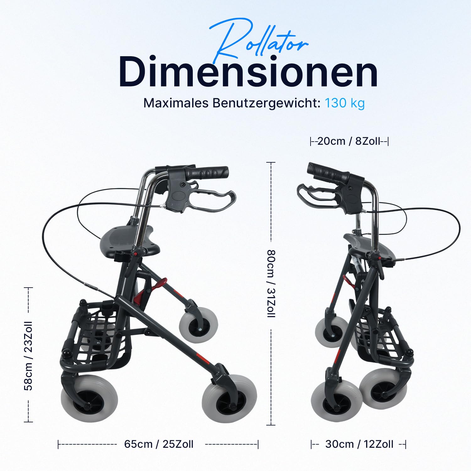 Rollator, leicht und ergonomisch, Gehhilfe mit höhenverstellbaren Griffen, extra breiten Reifen, Stabilität auf allen Untergründen, nur 8 Kg, Stockhalter und geräumiger Korb, Innen und Draußen