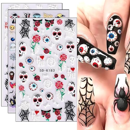 3 hojas de calcomanías de arte de uñas de Halloween 5D estereoscópicas en relieve, calcomanías de dibujos animados fantasma, calabaza, ojo,