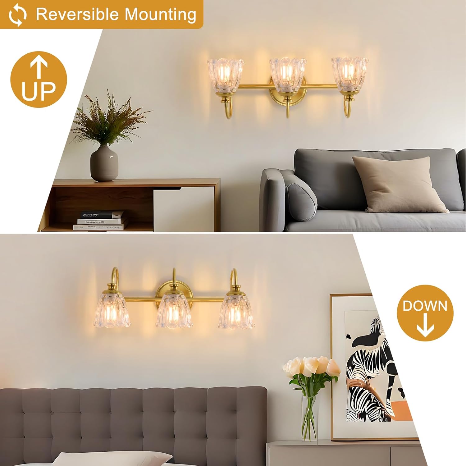 Bathroom Light Fixtures (3-Light), Vintage Brushed Gold Vanity Lights for Bathroom with Clear Tulip Crystal Glass Shade, Vanity Wall Light Over Mirror for Bedroom Living Room Hallway