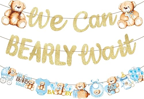 Cartel de oso de peluche para baby shower, 3 unidades, con texto en inglés We Can Bearly Wait Baby Show, decoración de oso de peluche con purpurina disponible en Yaxa Peru