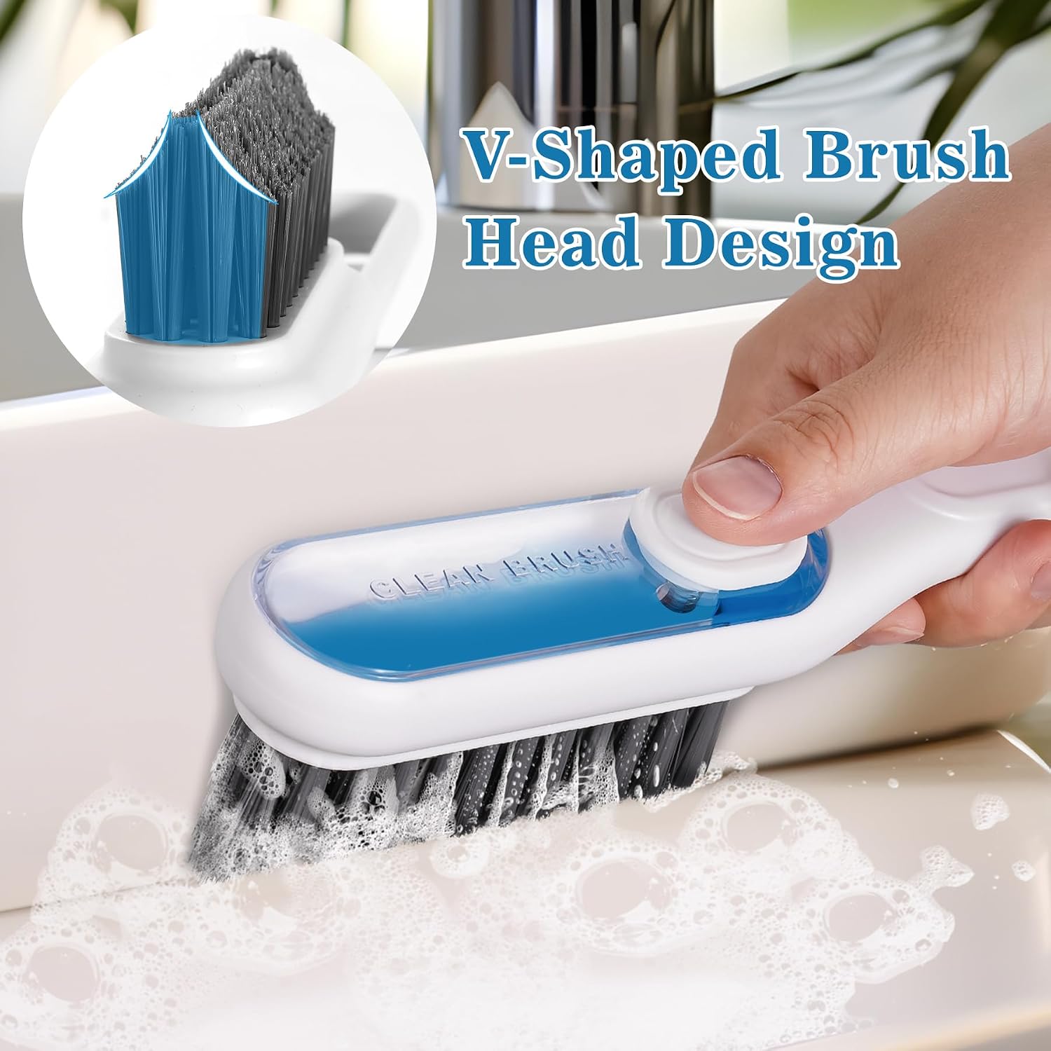 NiHome 2-Pack Liquid-Filled Crevice Cleaning Brush for Bathroom, Multi-Functional Gap Cleaning Brushes for Window, Hard Bristle Brush with One-Press Liquid Dispensing, Extended Handle for Home Use