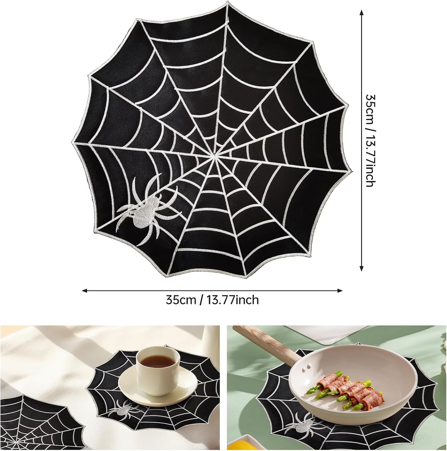Spider Web Halloween Placemats Set of 6,Black Cloth Table Mats Heat-Resistant Washable for Party Kitchen Dining Decoration (13.77X13.77inch)