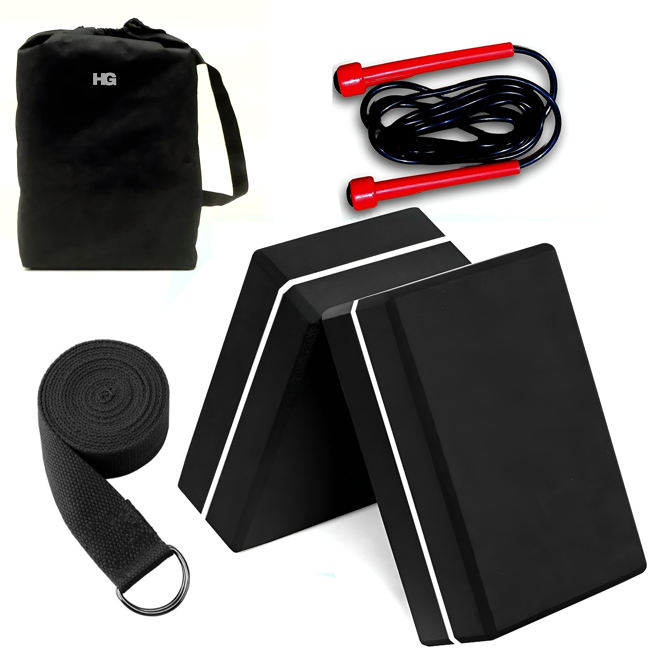 HOMEGALLEY Yoga Blocks Pack of 2 with Belt and Skipping Rope Premium Eva Exercise Block Pairs for Improve Strength, Balance and Stretching Yoga Bricks with Strap for Women and Men, Black (B0BGQQZ883) Amazon Price History, Amazon Price Tracker