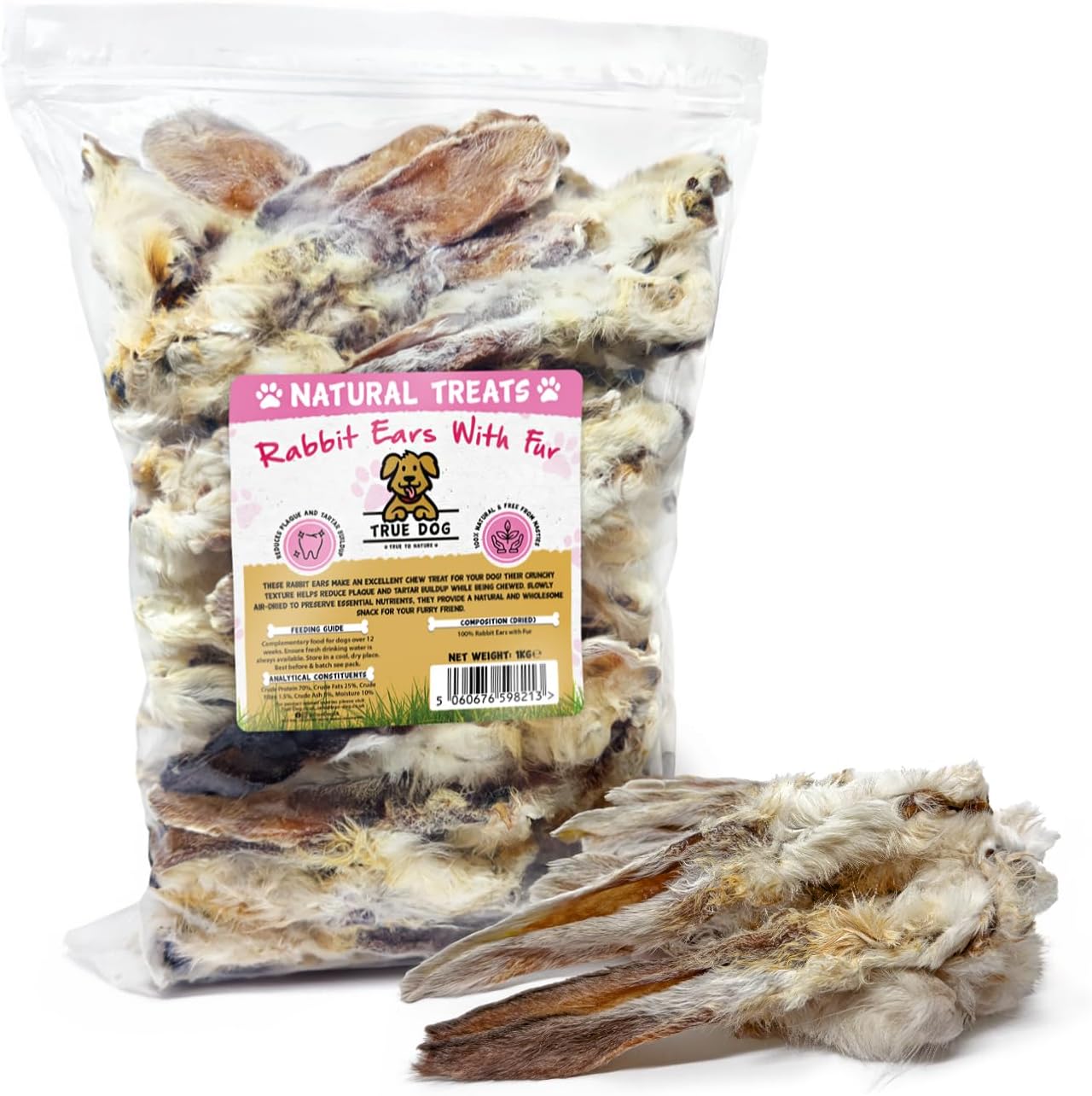True Dog Rabbit Ears with Fur 1kg (75-85 Ears) | Premium Hypoallergenic Dog Chew Treat for Puppy, Adult & Senior, 100% Natural, Grain & Gluten Free Treat