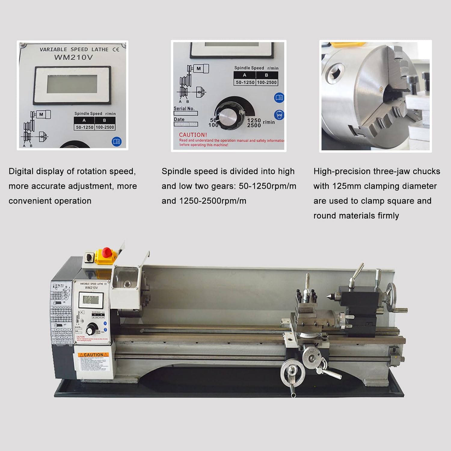 AC110V WM210V 8''X32'' Mini Precision Metric Thread Metal Lathe with 900W Brushless Motor Variable Speed Metal Lathe
