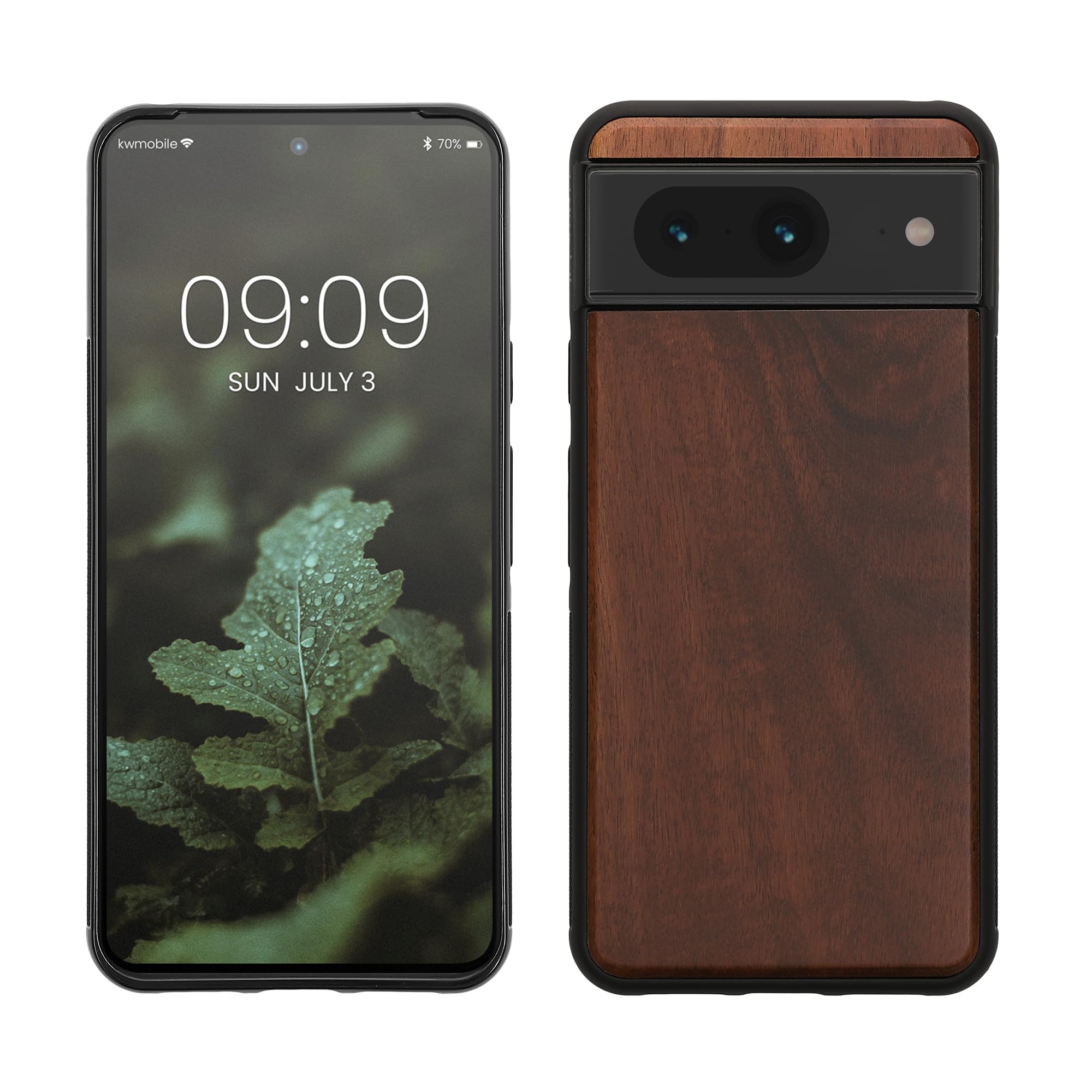 kwmobile Real Wood Case Compatible with Google Pixel 8 Case - Hard Wooden Cover w/TPU Bumper - Vintage Brown/Brown Acacia