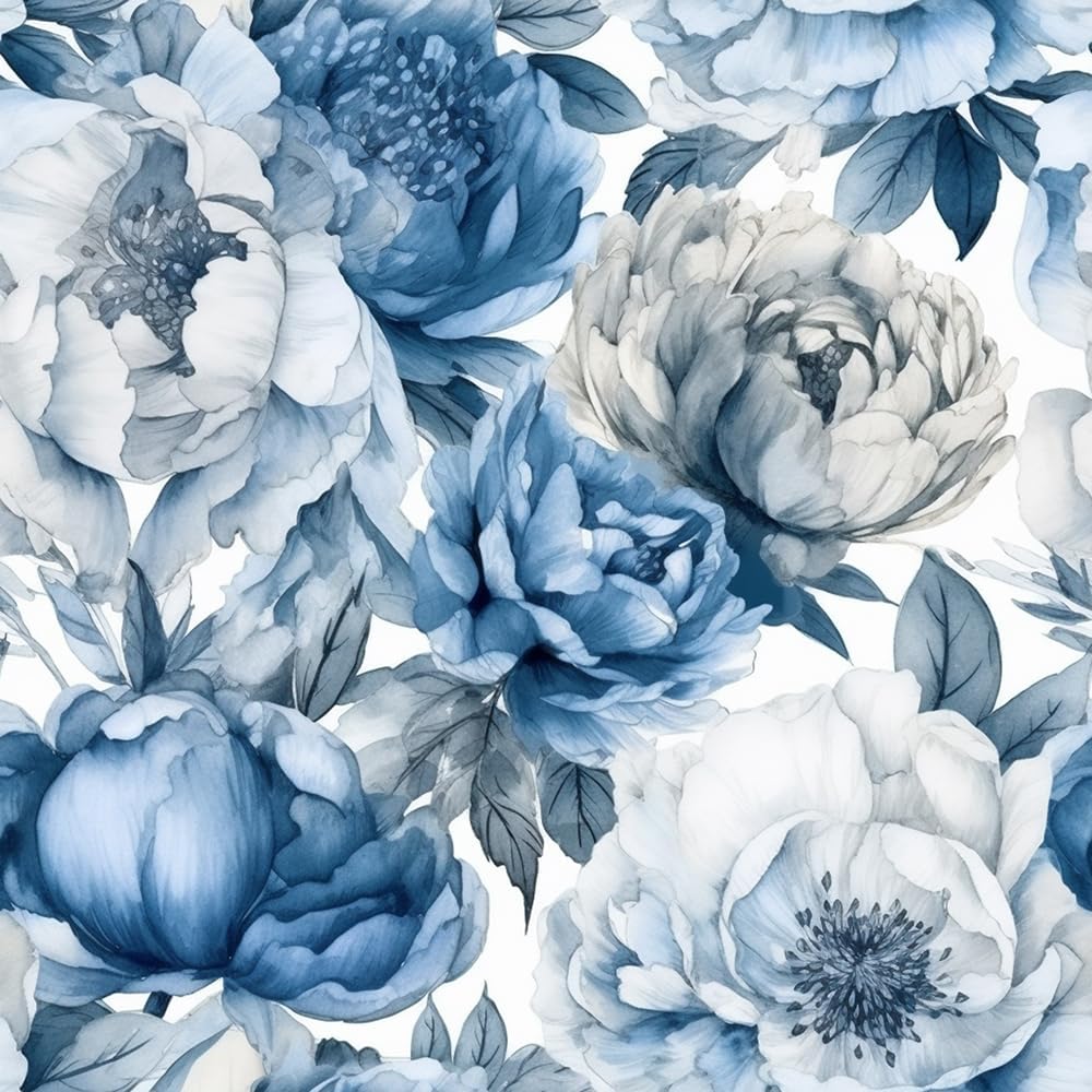 18"x236" Watercolor Gray Blue Peony Flower Abstract Peel and Stick Self Adhesive Wallpaper Removable Contact Paper Stick on Easy Peel Off Wall Paper for Kitchen Bedroom Bathroom Renter
