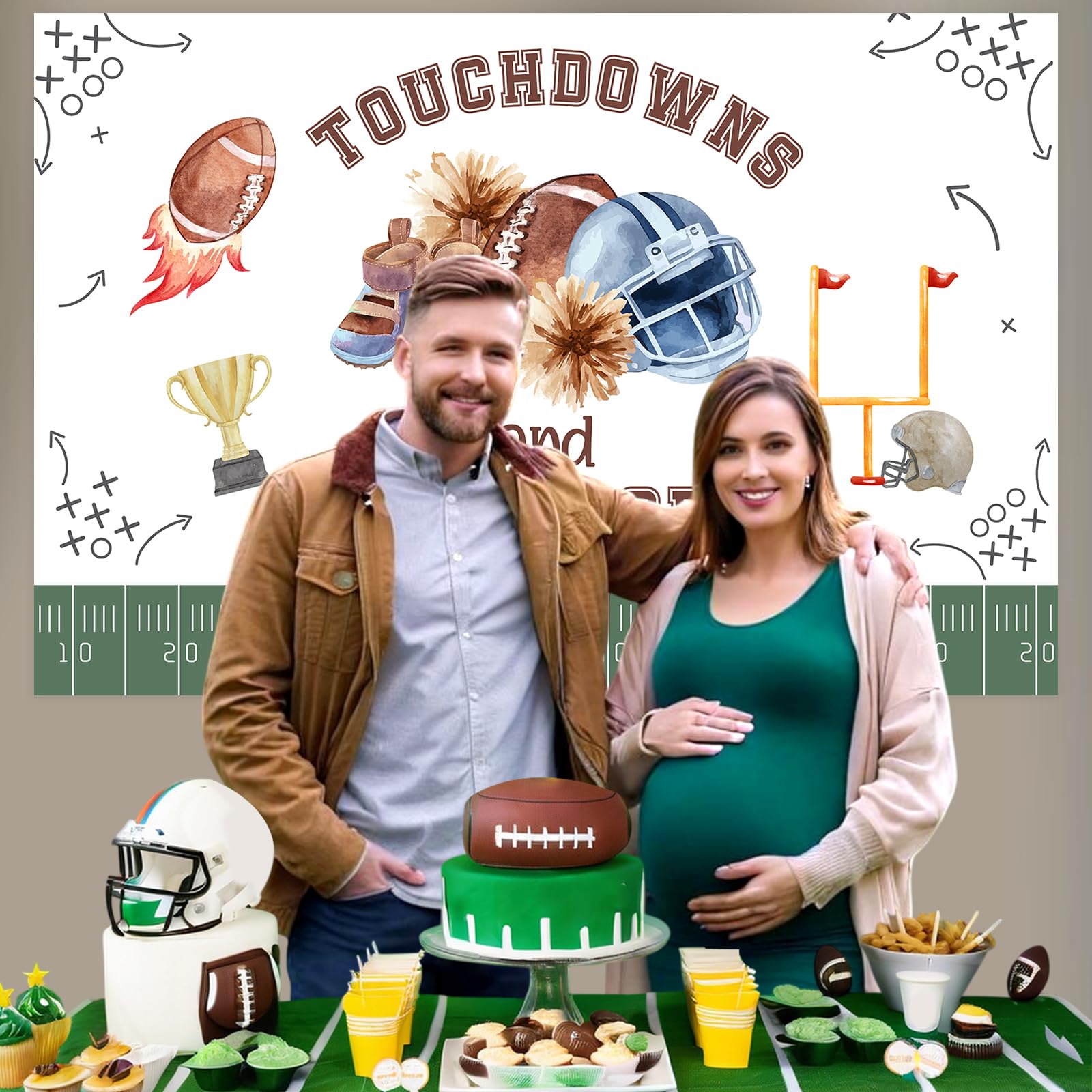 JOYMEMO Fotohintergrund Für Babyparty – 1,5x0,9 M, Touchdowns & Winzige Zehen, Fußball-Motto