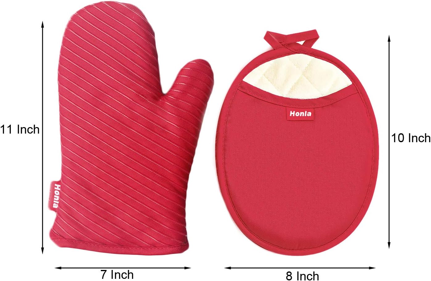 Honla Pot Holders and Oven Mitts Gloves with Silicone Printed,2 Hot Pads and 2 Potholders Set,4 Piece Heat Resistant Kitchen Linens Set for Cooking,Baking,Grilling,Barbecue,Red