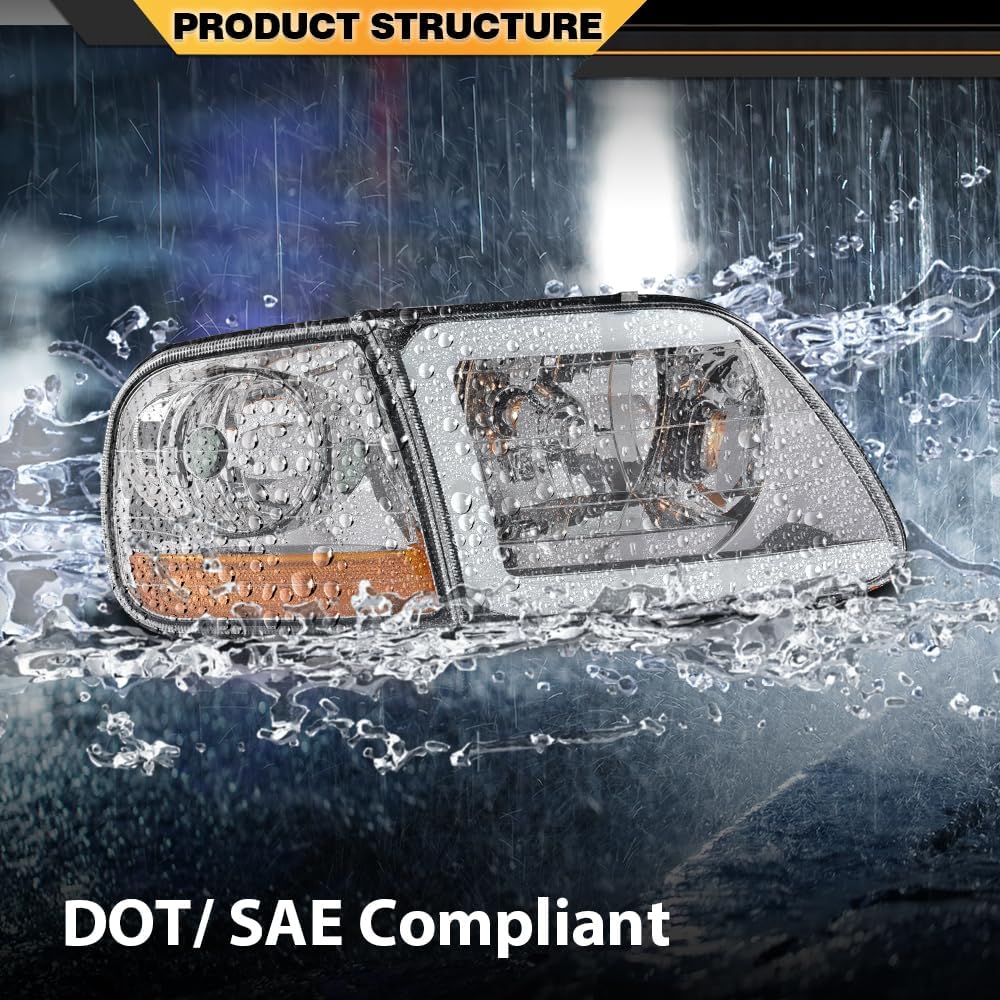 LED DRL Lightning Style Headlights&Corner Parking Lights Lig Set Compatible with F150 Expedition 1997-2002/ Ford F150 1998-2004/Ford F250 1998-1999 Clear Lens Chrome Housing Amber Reflector