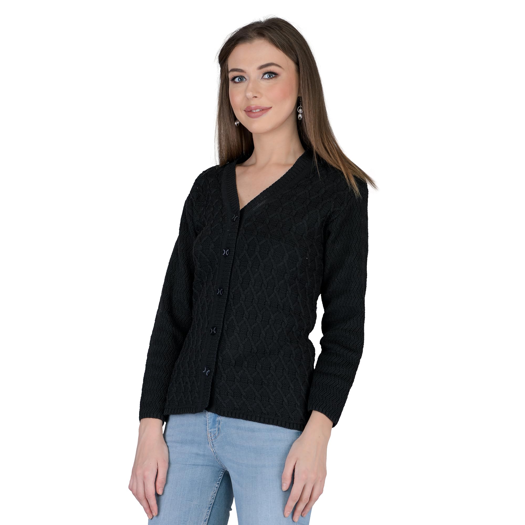 lady willington Women Woolen V-Neck Self Design Cardigan - Heavy Daffodil Fabric Winter Wear Pure Wool Cardigan for Women - Free Size Long Cotty Fully Warm (3XL, Black)-picture-42