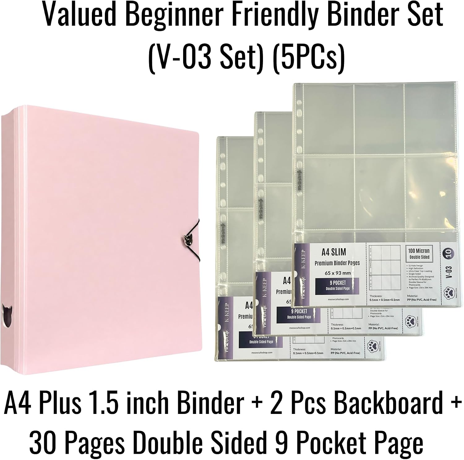 MEOWCAFE K-Keep A4 Plus Binder, 1.5 inch, Compact Kpop Photocard Binder with 30 Double Sided A4 Slim 9 Pocket Page and 2 Backboards, Comprehensive Beginner Binder (ICY Pink)