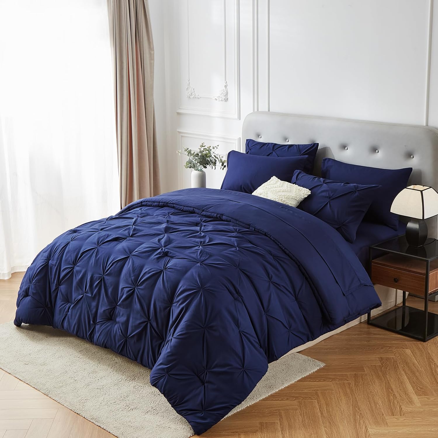 WURUIBO Comforter Set King Size, DarkBlue 7 Pieces Bed in a Bag, Ultra Soft Bedding Set, Bed Set for All Seasons, Bed in a Bag with Comforter, Flat Sheet, Fitted Sheet, Pillowcases, Pillow Shams
