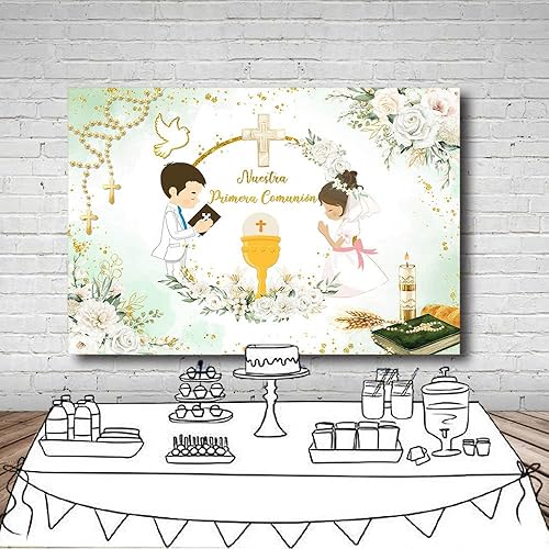 Vista 16 de Telón de fondo de Nuestra Primera Comunión para gemelos, Dios bendiga el bautismo, decoración de fiesta, ceremonia de bautizo, Mi Primera Comunión
