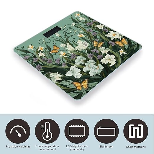 Balanza digital de baño con diseño de flores y mariposas sobre fondo verde, alta precisión, pantalla LCD grande, robusta para pesaje personal miniatura 3