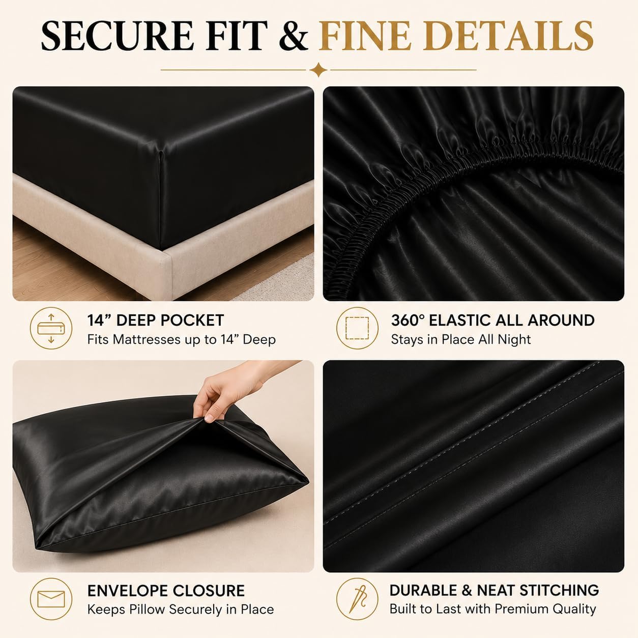 Full Size Satin Sheets 4 Piece Silky Bed Sheet Set with Smooth Silky Surface Moisture Wicking Bedding for Hot Sleepers Hair Care Deep Pocket Bedroom Decor Black