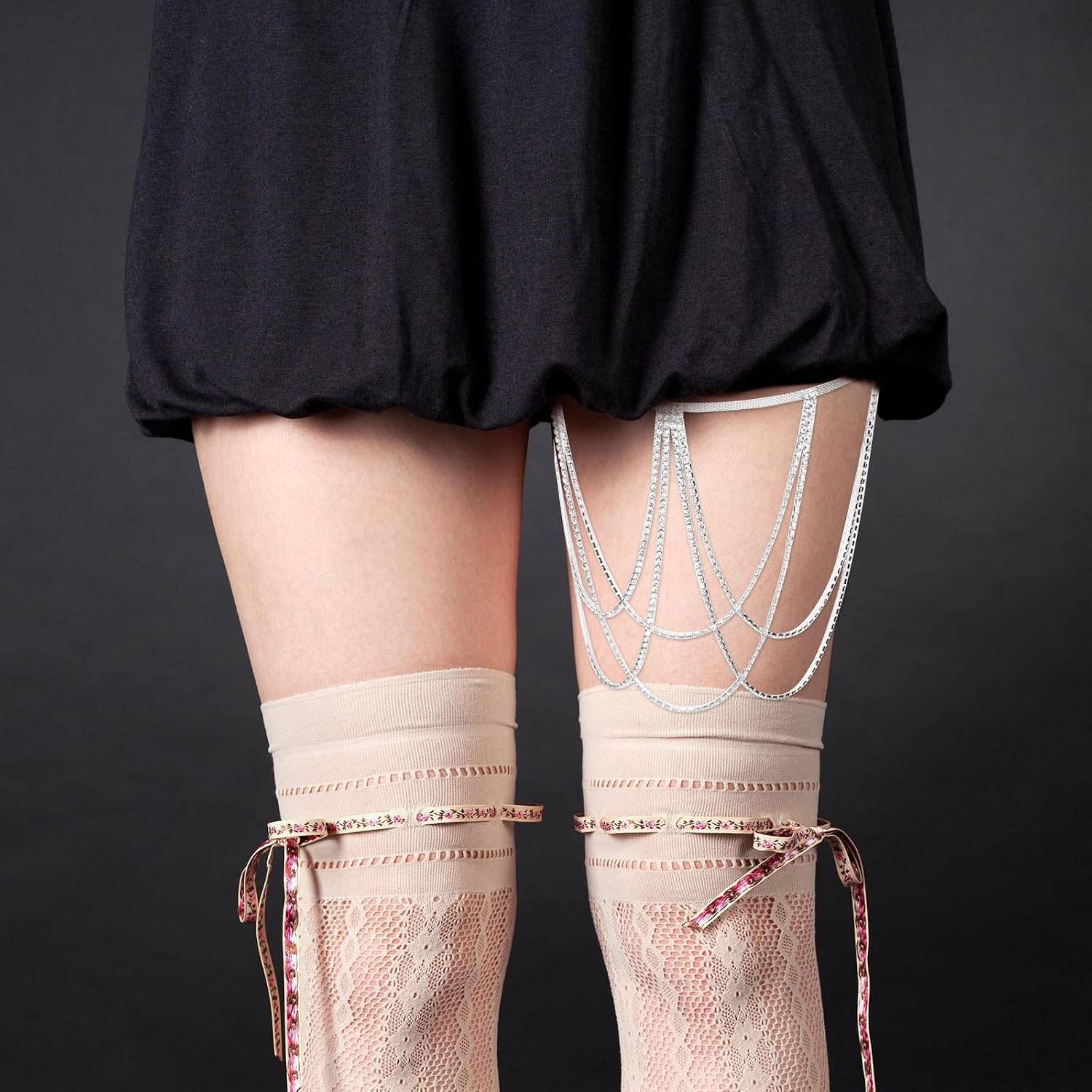 HEMOTON Rhinestone Multi-layer Leg Chain Thigh Jewelry for Women Silver Body Chain Stylish Party Accessory