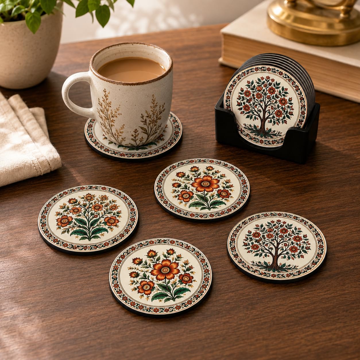 Zesta Coasters for Cups Set of 6 / Wooden Coasters for Bar Accessories for Home/Tea Coaster Set of 6 / Waterproof Dining Table Decor Glass Cover (Floral, Circle)-image-22