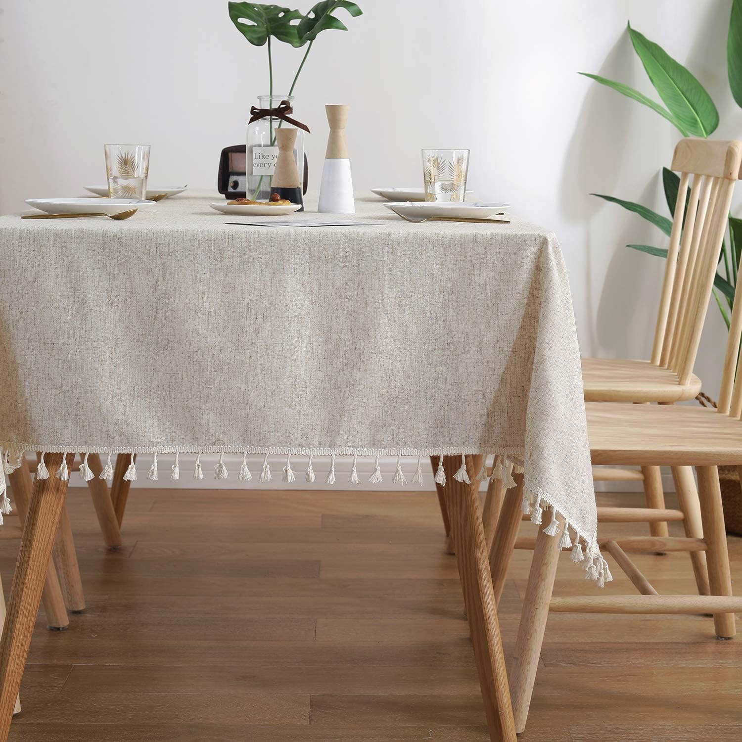 ColorBird Solid Color Tassel Tablecloth Cotton Linen Dust-Proof Shrink-Proof Table Cover for Kitchen Dining Farmhouse Tabletop Decoration (Rectangle/Oblong, 55 x 102 Inch, Linen)