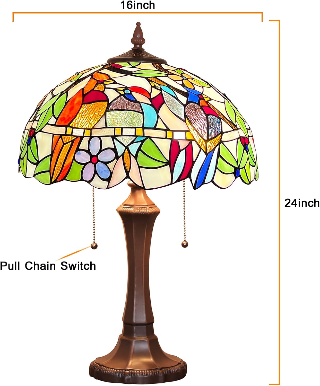 Capulina Tiffany Lamp Stained Glass Table Lamp 2-Light 16x16x24 Inches Cardinal Birds Antique Tiffany Style Desk Reading Lamp Decor for Home Office Bedroom Living Room