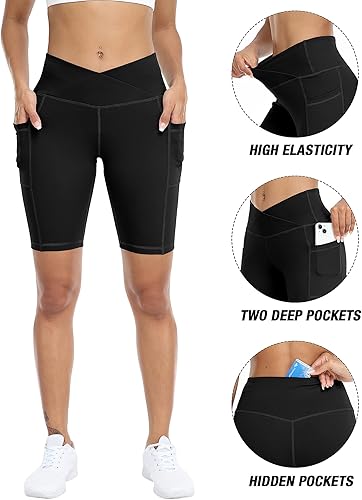 Miniatura 3 de WHOUARE Paquete de 4 pantalones cortos de yoga con bolsillos para mujer, cintura alta, atléticos, correr, entrenamiento, gimnasio, control de abdomen