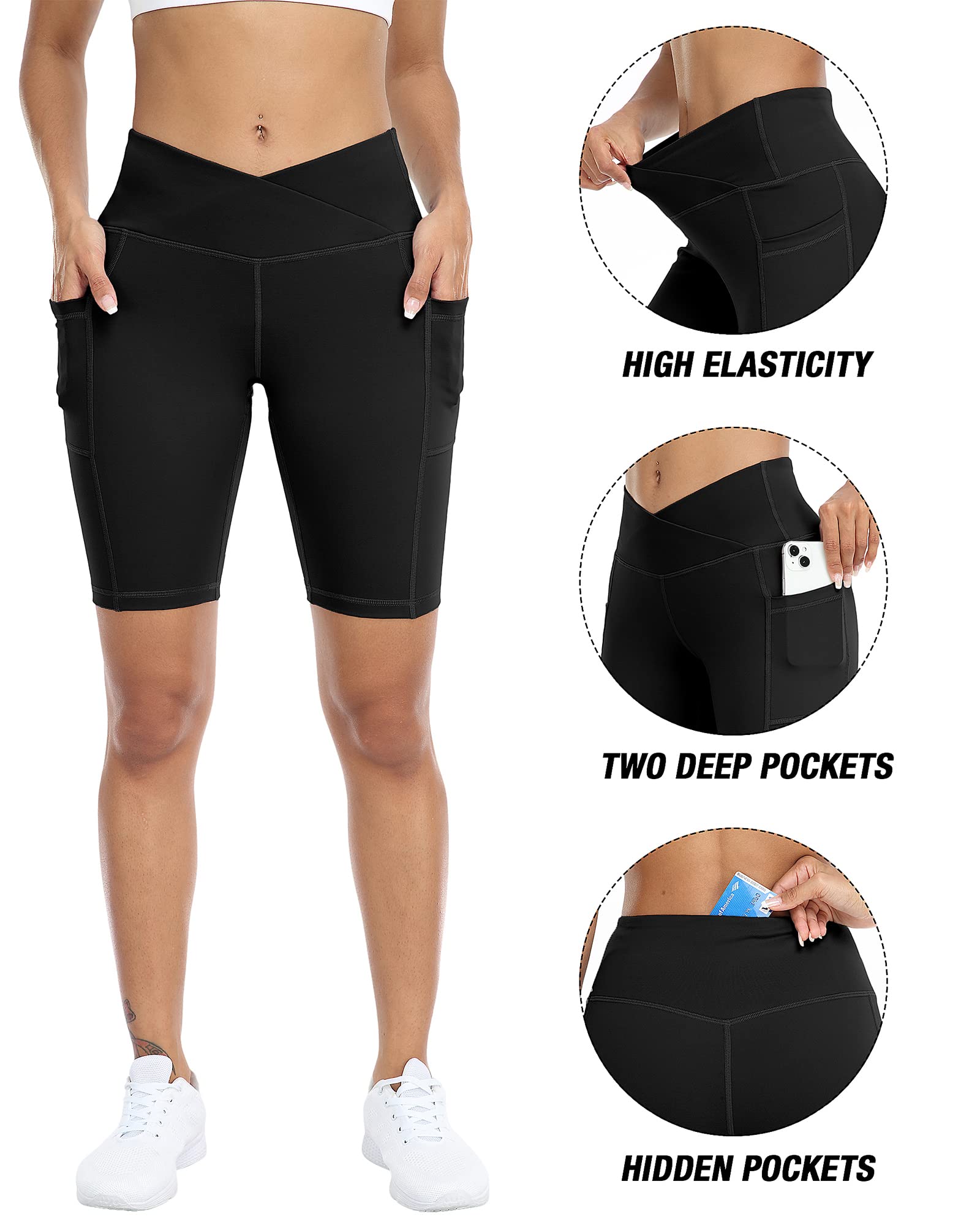 WHOUARE Biker-Yoga-Shorts mit Taschen für Damen, hohe Taille, athletisch, Laufen, Workout, Fitnessstudio, Bauchkontrolle, 4 Stück
