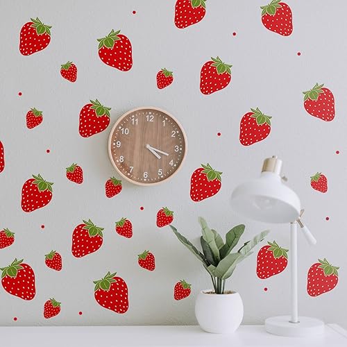 Miniatura 6 de Savita 4 hojas de calcomanías de pared de fresa, calcomanías impermeables de pared de fresa, calcomanías de pared extraíbles para dormitorio,