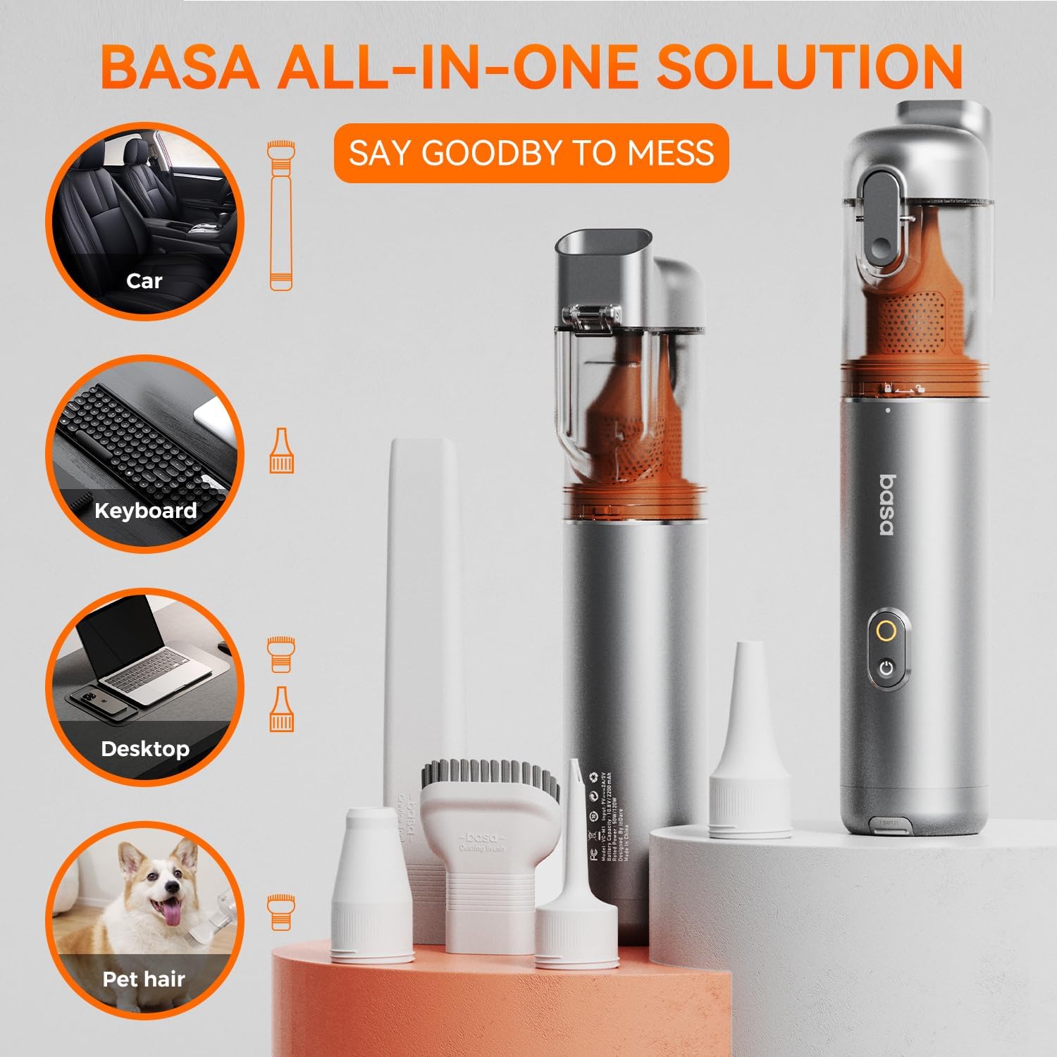 Pocket Car Vacuum with Accessory Kit 6pcs, Cordless, 50 Mins Runtime, 17000pa, 2.5H Type-C Fast Charge, Mini Handheld Vacuum for Home and Outdoor, M3