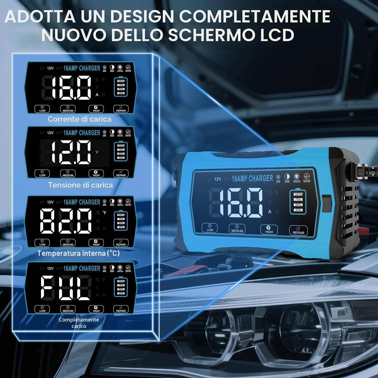 Haisito Caricabatterie per auto da 16 A, 12 V, 16 A, 24 V, 10 A, batteria al litio LiFePO4, caricabatterie al piombo acido (AGM, SLA ecc.) con funzione di ricarica a 10 livelli, schermo LCD per auto