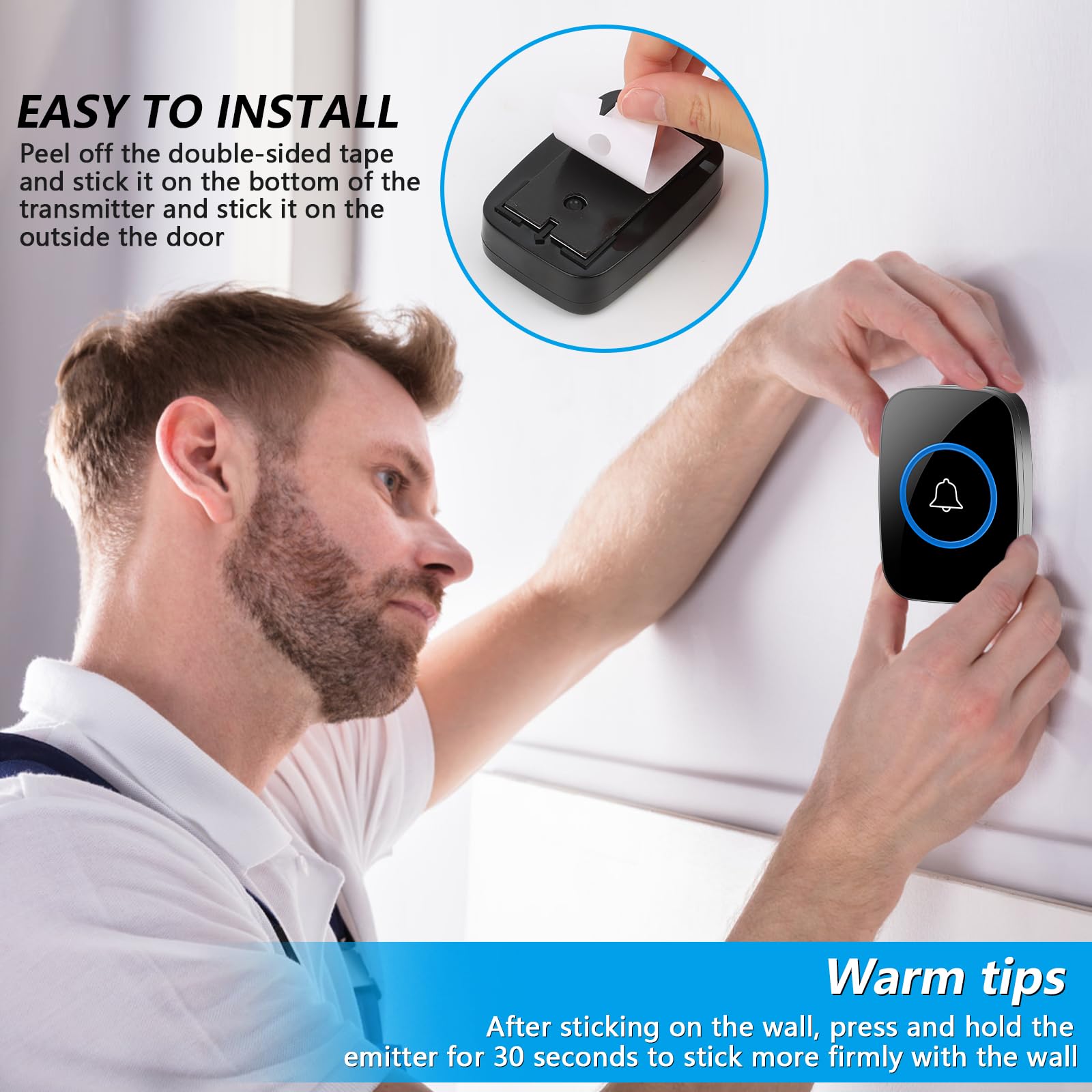 VFANDV Timbre Inalámbrico Exterior Impermeable, IP44 Impermeable Doorbell 300M, Kit de Timbre Inalambrico, 5 Niveles de Volumen y 60 Melodías, Indicador LED para Hogar, Salón, Oficina (Negro)
