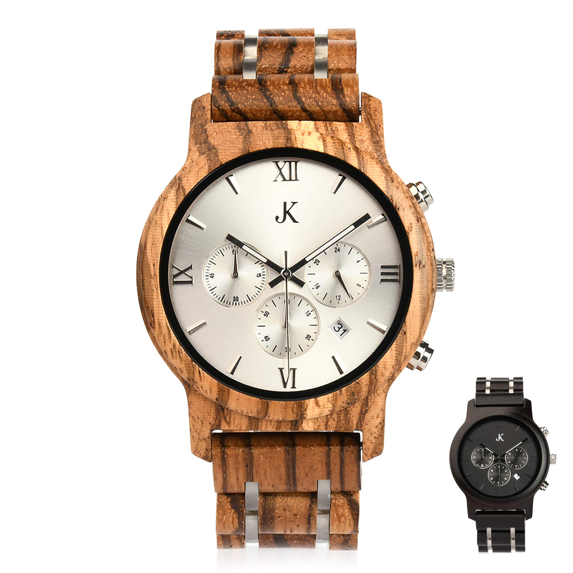 Kim Johanson Herren Holz-Edelstahl Armbanduhr *Air Force* in Hellbraun & Dunkelbraun Chronograph mit Einem Gliederarmband Handgefertigt Quarz Analog Uhr inkl. Geschenkbox