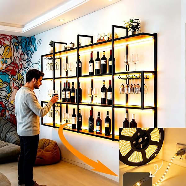 Portabottiglie da Parete in Metallo con Luci LED, Cantinetta Vino a 4 Livelli Stile Industriale, Scaffale Porta Bottiglie con Ripiani, Espositore per Bottiglie e Calici per Bar (nero, 100cm) - 4
