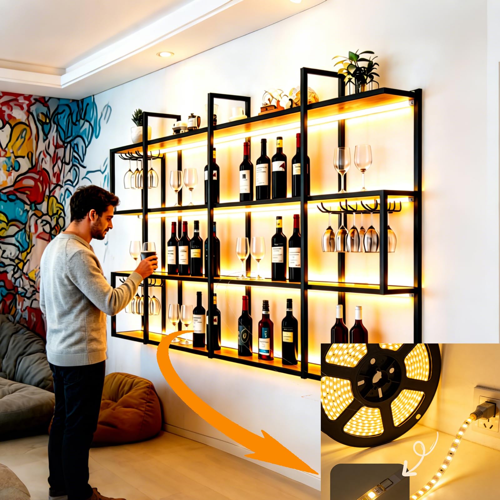 Botellero de Pared Metálico de 4 Niveles con Luz LED, Botellero Industrial de Pared para Vino, Soporte Vertical para Botellas y Copas para Bar, Cocina y Decoración del Hogar(Negro, 180cm)