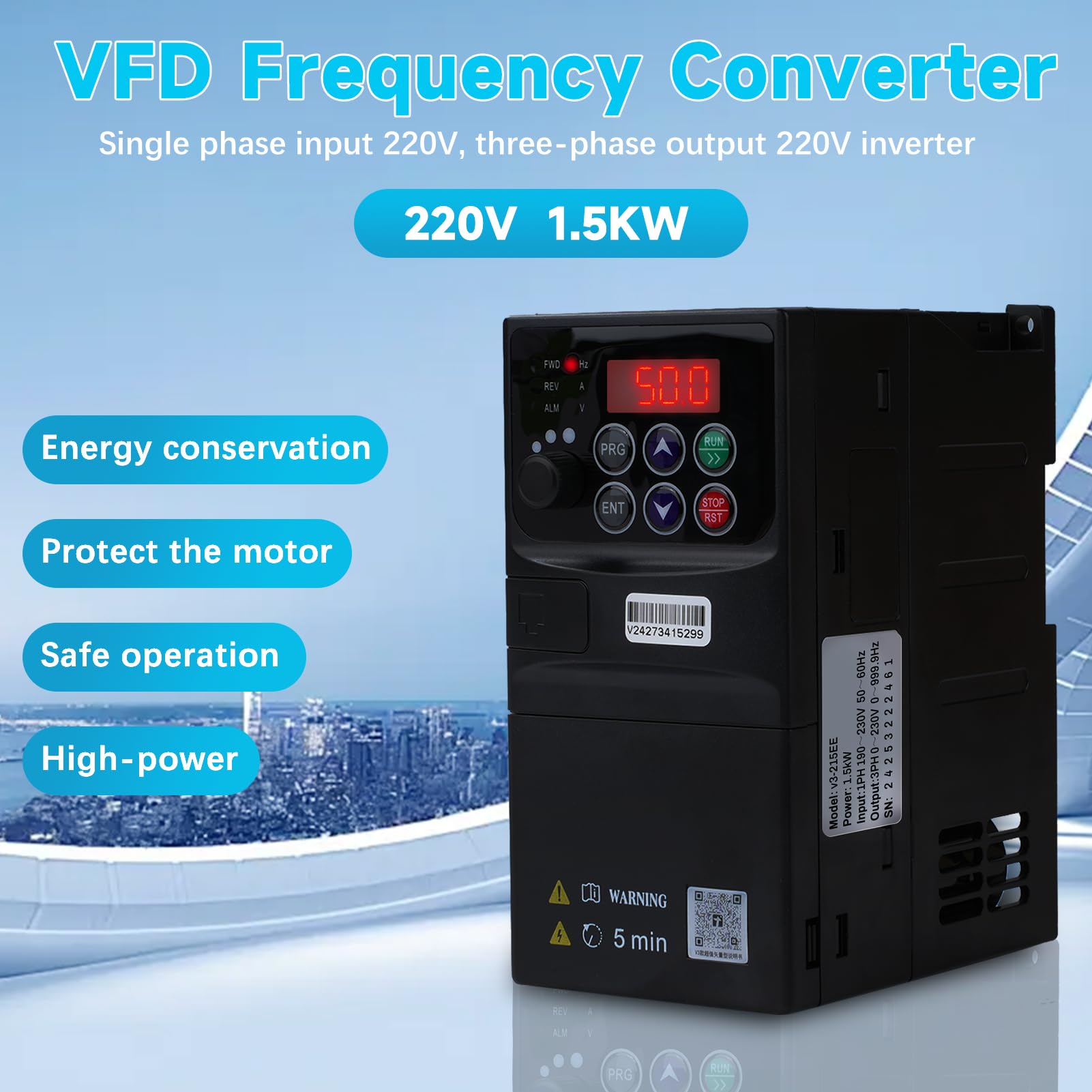 1.5KW Variateur de frequence 220V Entrée monophasée 220v Sortie triphasée 220 Variateur de fréquence Tableau de commande amovible modèle V3-215EE (avec câble d'extension de 1.5m)