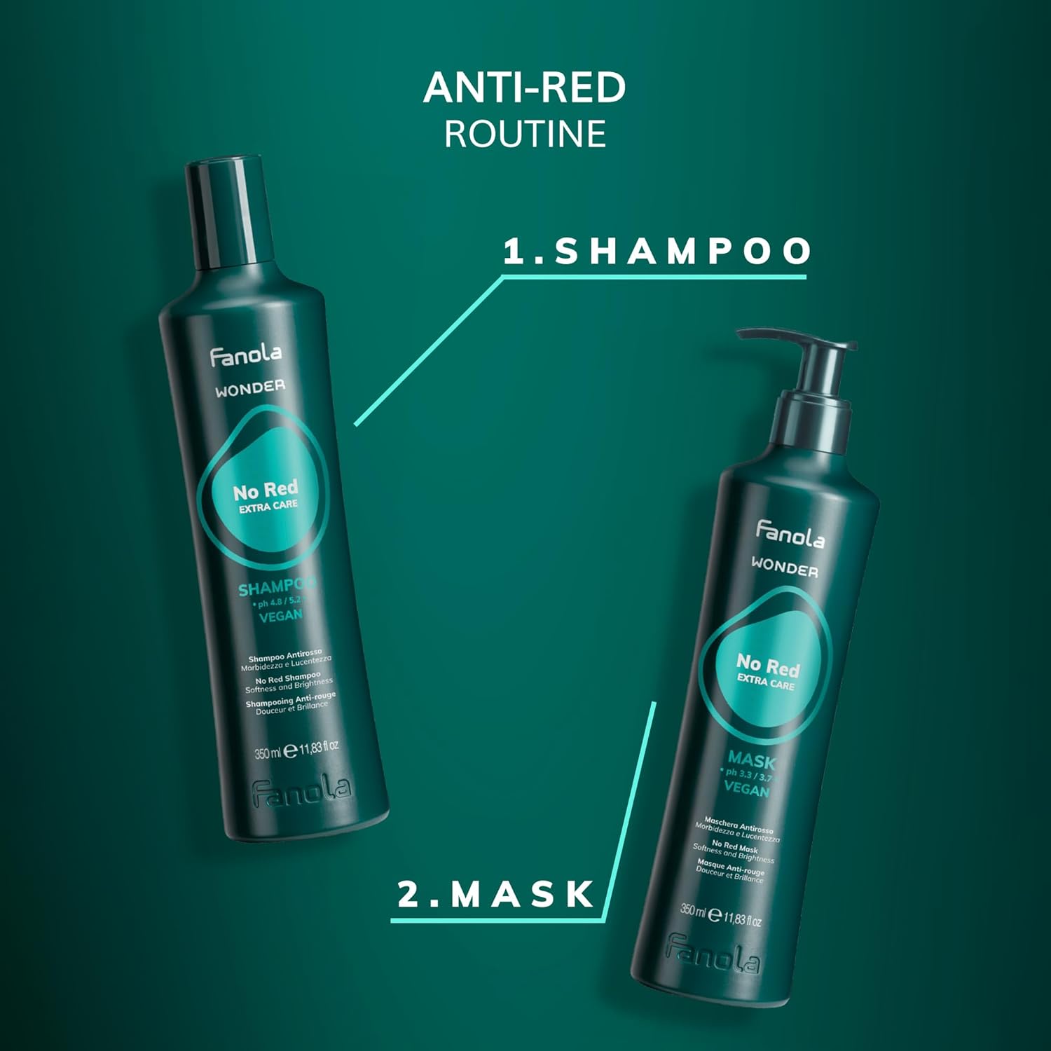 Fanola Wonder No Red Hair Color Shampoo for Women & Men - Green Pigment Shampoo for Color Treated Hair - Neutralizes Natural & Dyed Dark Shades - Vegan, SLS & Silicone-Free Formula (350 ml) - Image 8