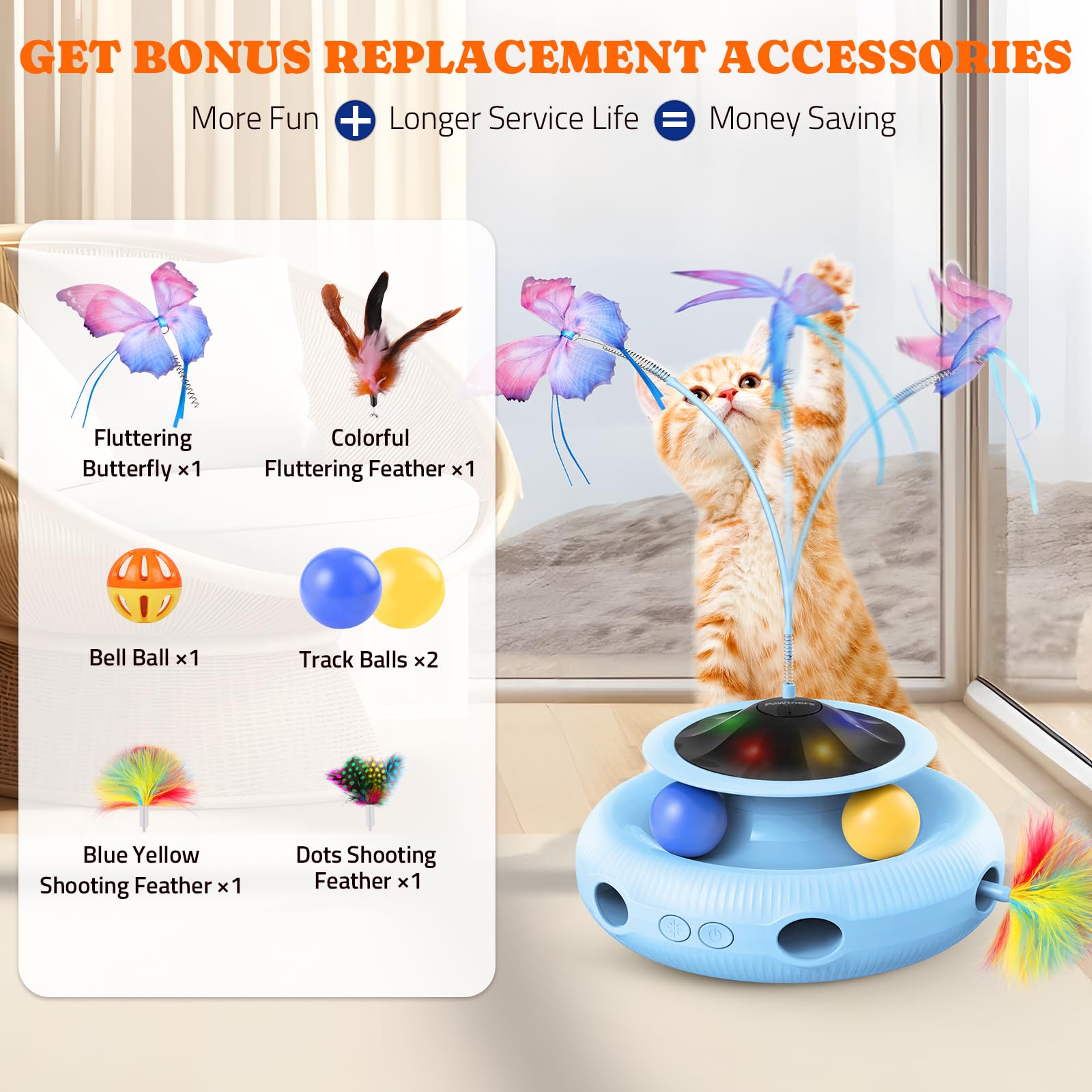 Jouet interactif pour chat : jouet automatique 4 en 1 pour chat d'intérieur, jouet électrique avec batterie rechargeable, jouet pour chaton avec papillon flottant, balle de piste et paquet de plumes