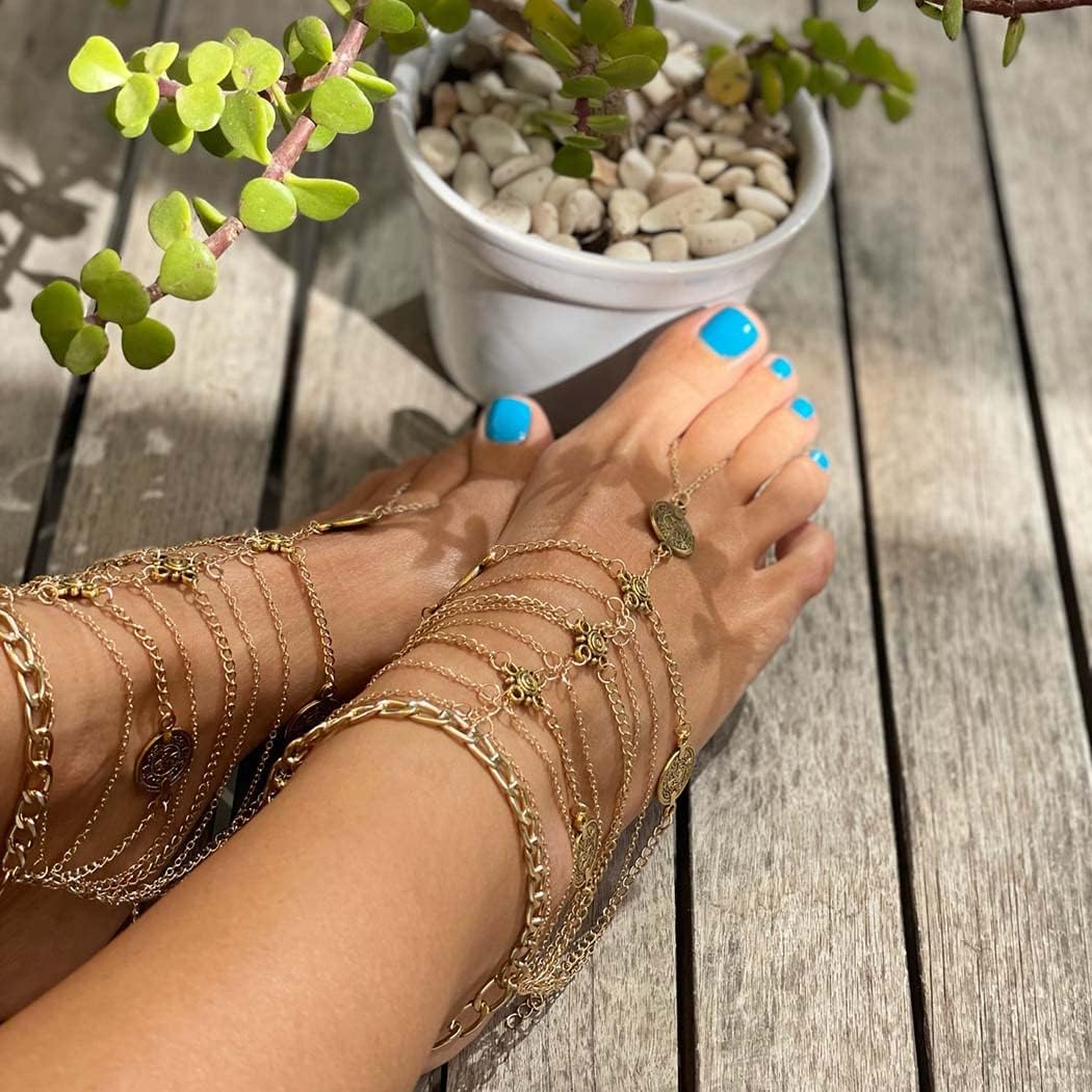 Olbye Silver Barefoot Sandals Foot Chain Jewelry Coin Anklet Bracelet for Women and Girls Beach Wedding Foot Jewelry Pack of 2