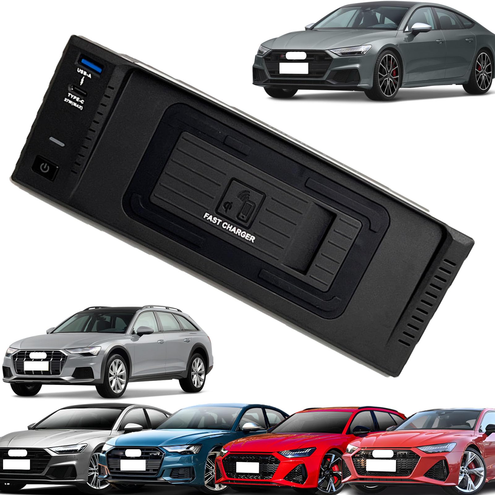 Caricabatterie Wireless per Auto per A6 S6 RS6 2012-2018 A7 S7 RS7 2009-2018 Tutti i Modelli Accessorio con 15 W Wireless e 27 W USB Qc3.0 Ricarica Rapida Regalo per la Famiglia