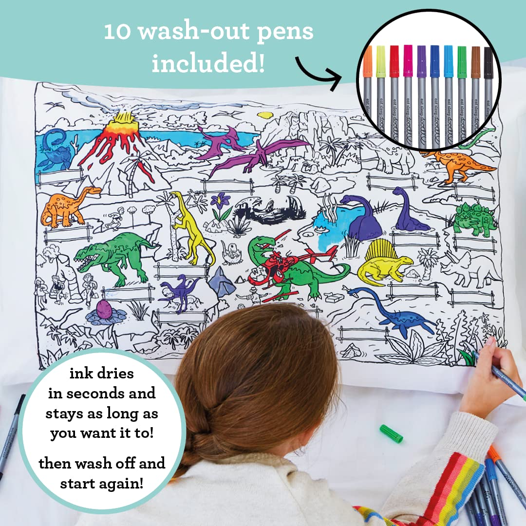 eatsleepdoodle Coloring Pillowcase for Kids w/ 10pk Washable Markers for Kids - 30x20in Dinosaur Kids Coloring Pillowcase - Ultra Washable & Reusable Arts and Crafts for Kids