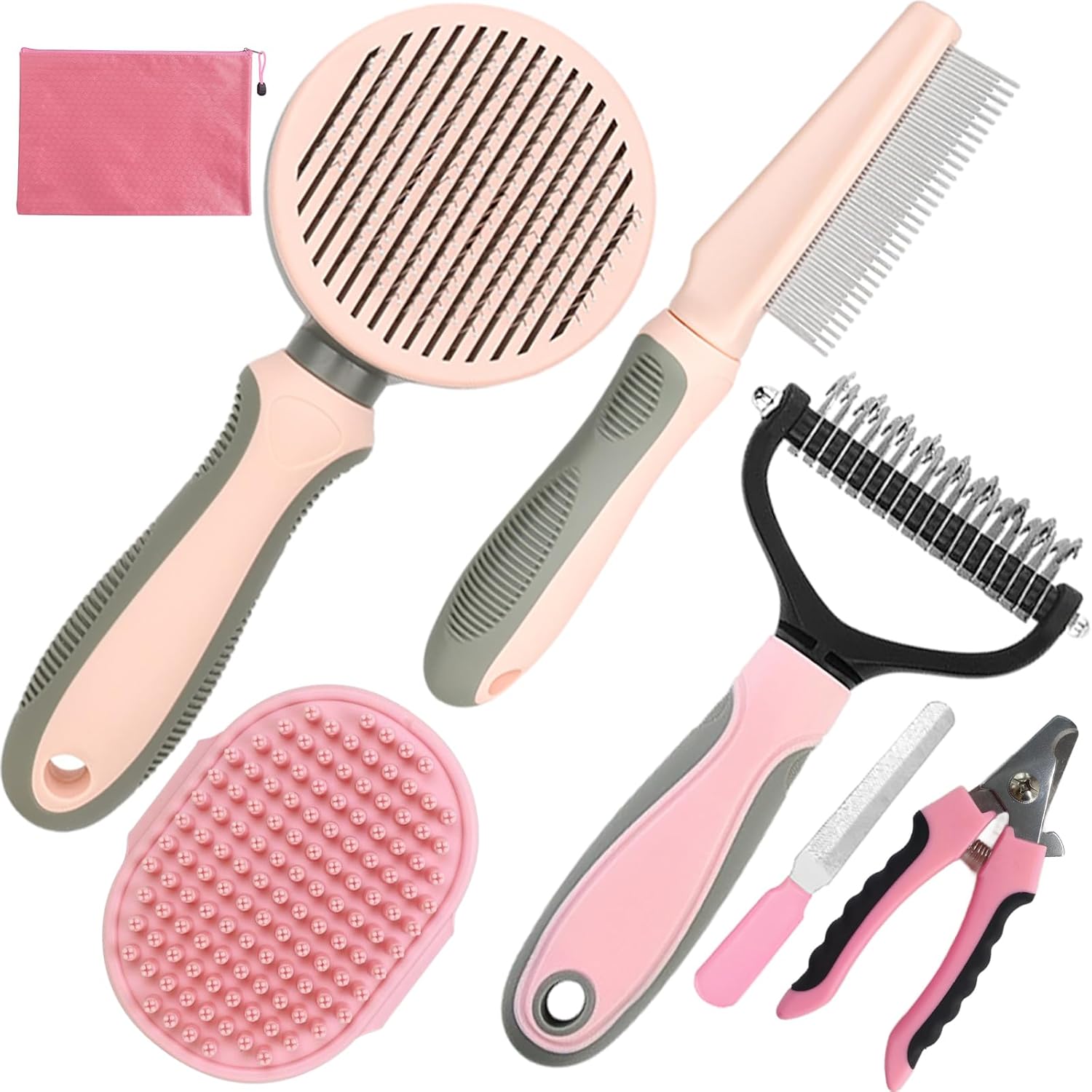 Pet Grooming Kit – 7 PCS Deshedding Brush Set with Slicker, Undercoat Rake, Bath Brush & Nail Clipper for Short & Long Haired Dogs, Cats (Pink)