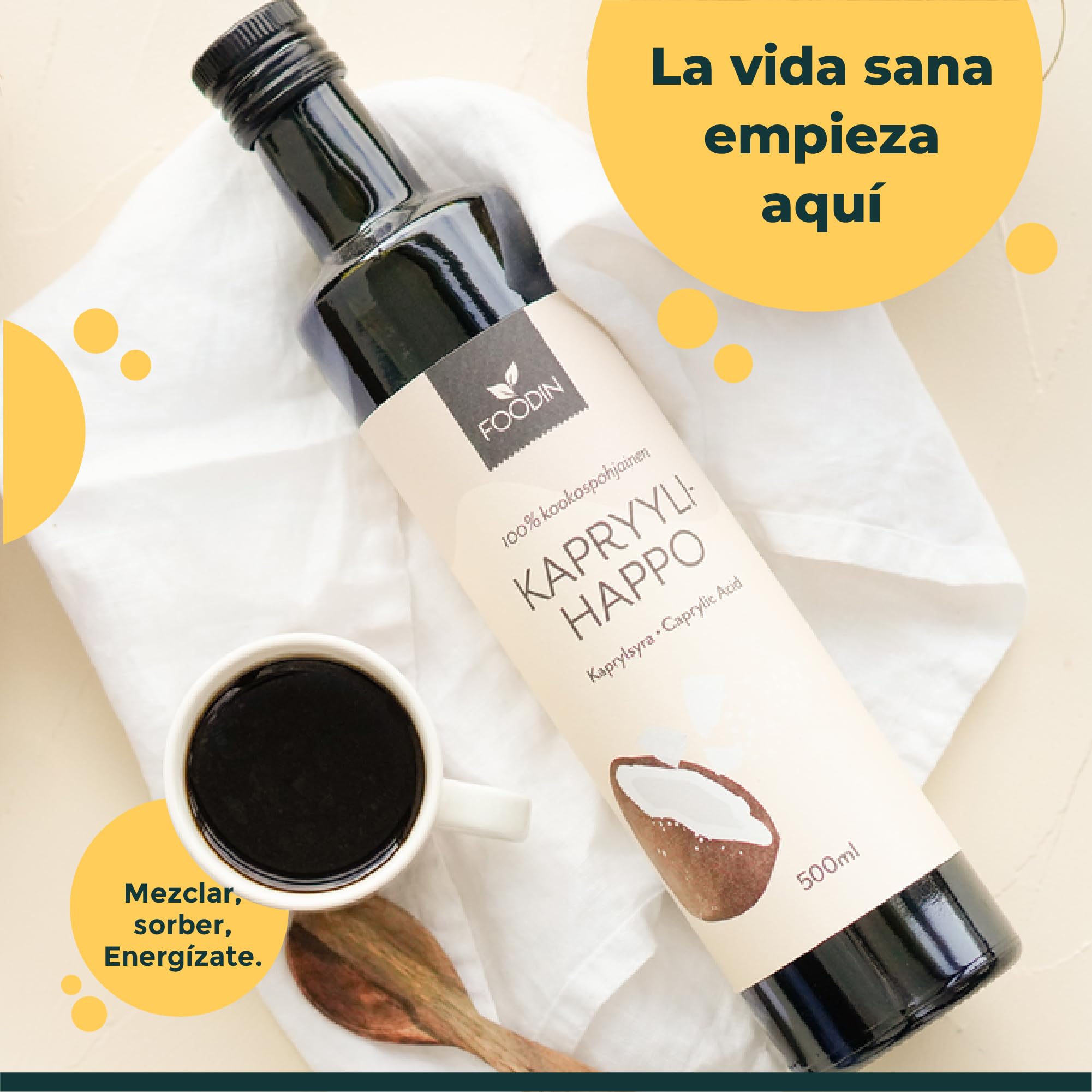 FOODIN Aceite MCT C8, 1000ml Aceite de Coco, Mejor para la Dieta Cetogénica, Aceite MCT Cetonas para Beber, 3x Más Cetonas (100% C8), Aceite de Coco Líquido y Sin Sabor (2x500ml)