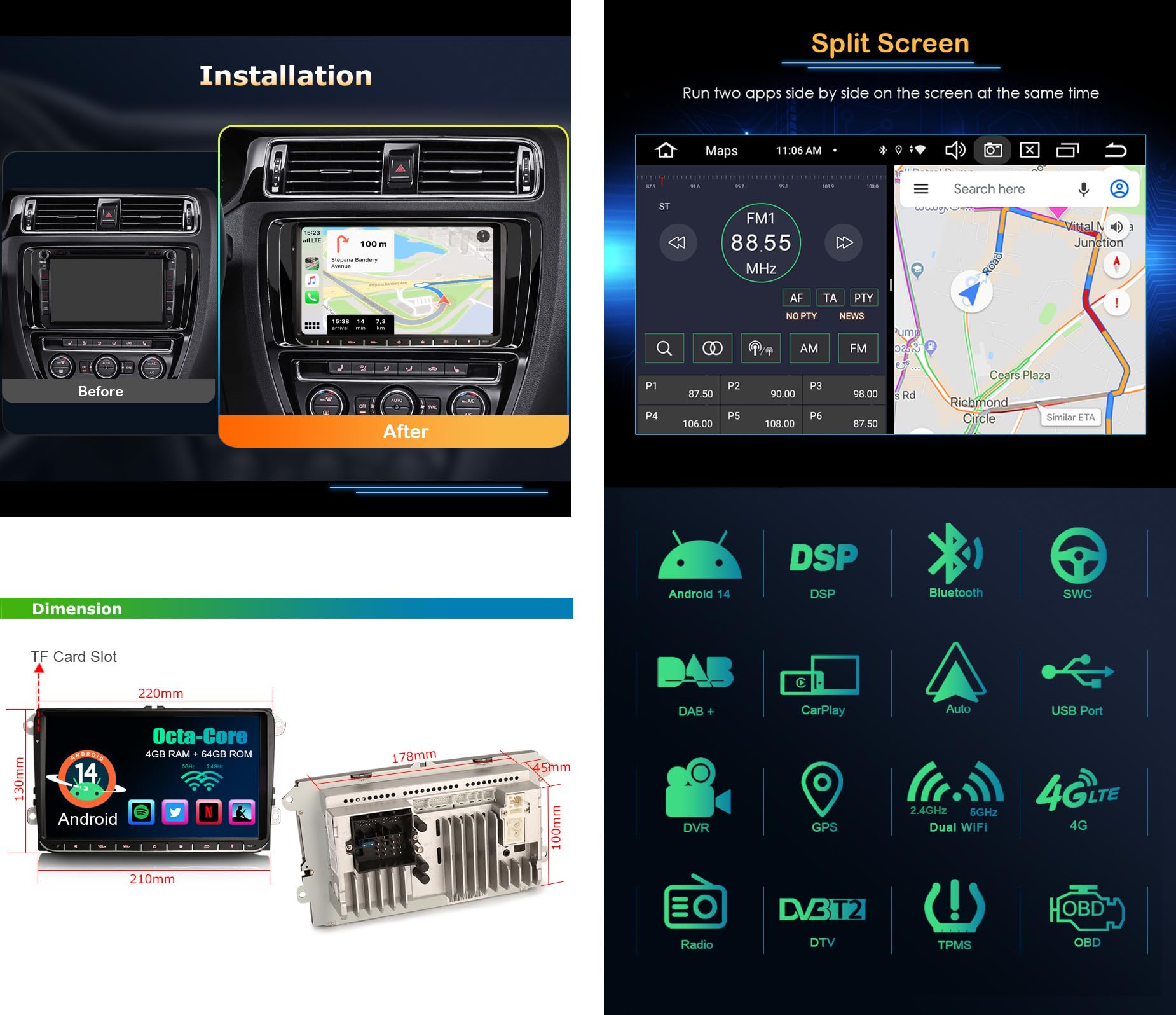 Erisin 9 Pollici 8-Core Android 14 4GB RAM+64GB ROM Autoradio Navigatore GPS per VW Passat Golf 5/6 Touran Skoda Seat Tiguan Jetta T5 Supporto Wireless CarPlay Android Auto DSP Bluetooth DAB+ FM WiFi