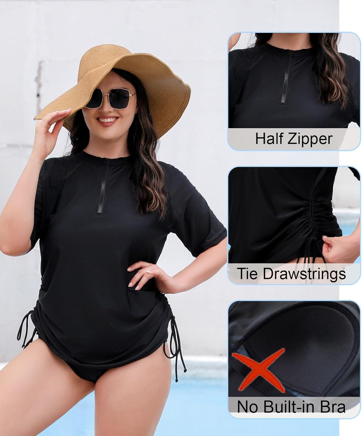 Halcurt Women's Plus Size Rash Guard Short Sleeve Swim Shirts with Tie Drawstring Half Zip UPF50+ Swimsuit Top - Image 5