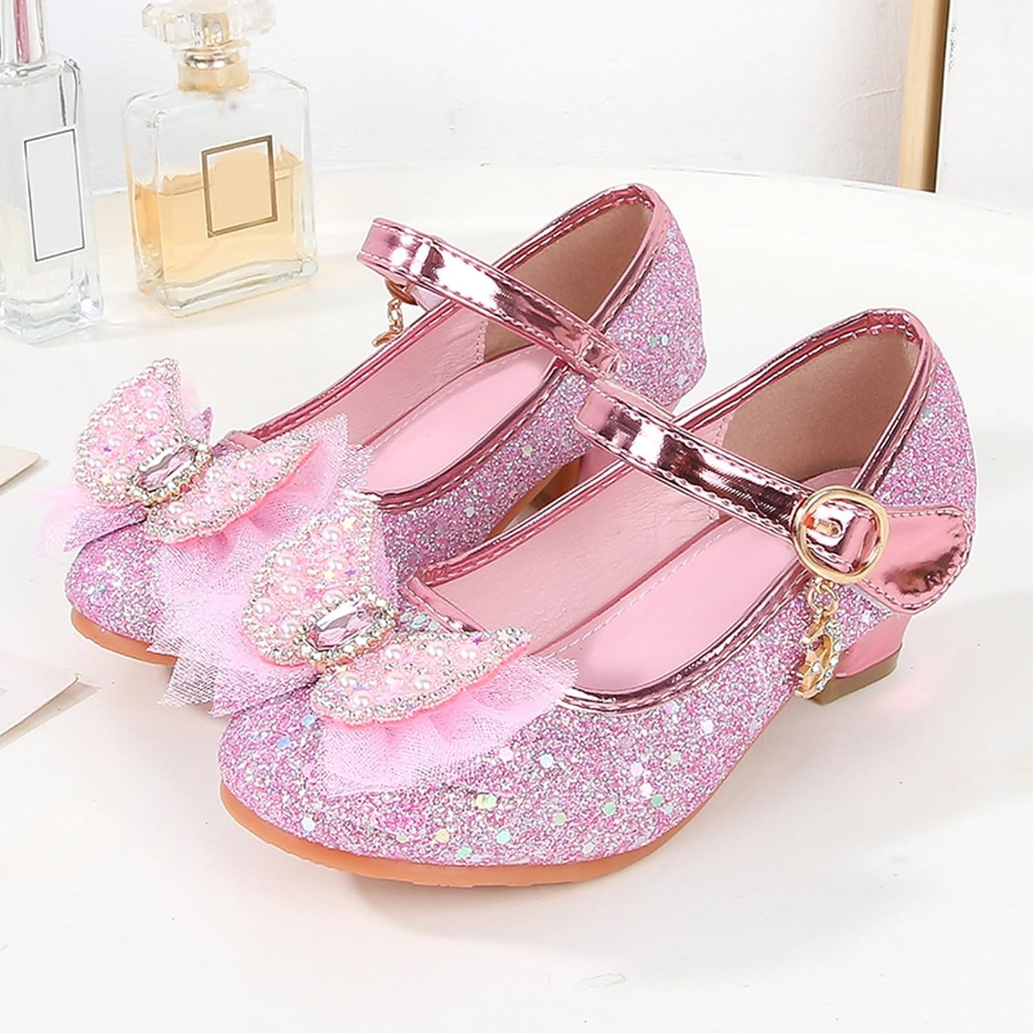 Flower Girls Wedding Party Heel Princess Shoes Cute Rhinestone Bow Glitter Ankle Strap Wedding Party Princess Shoes