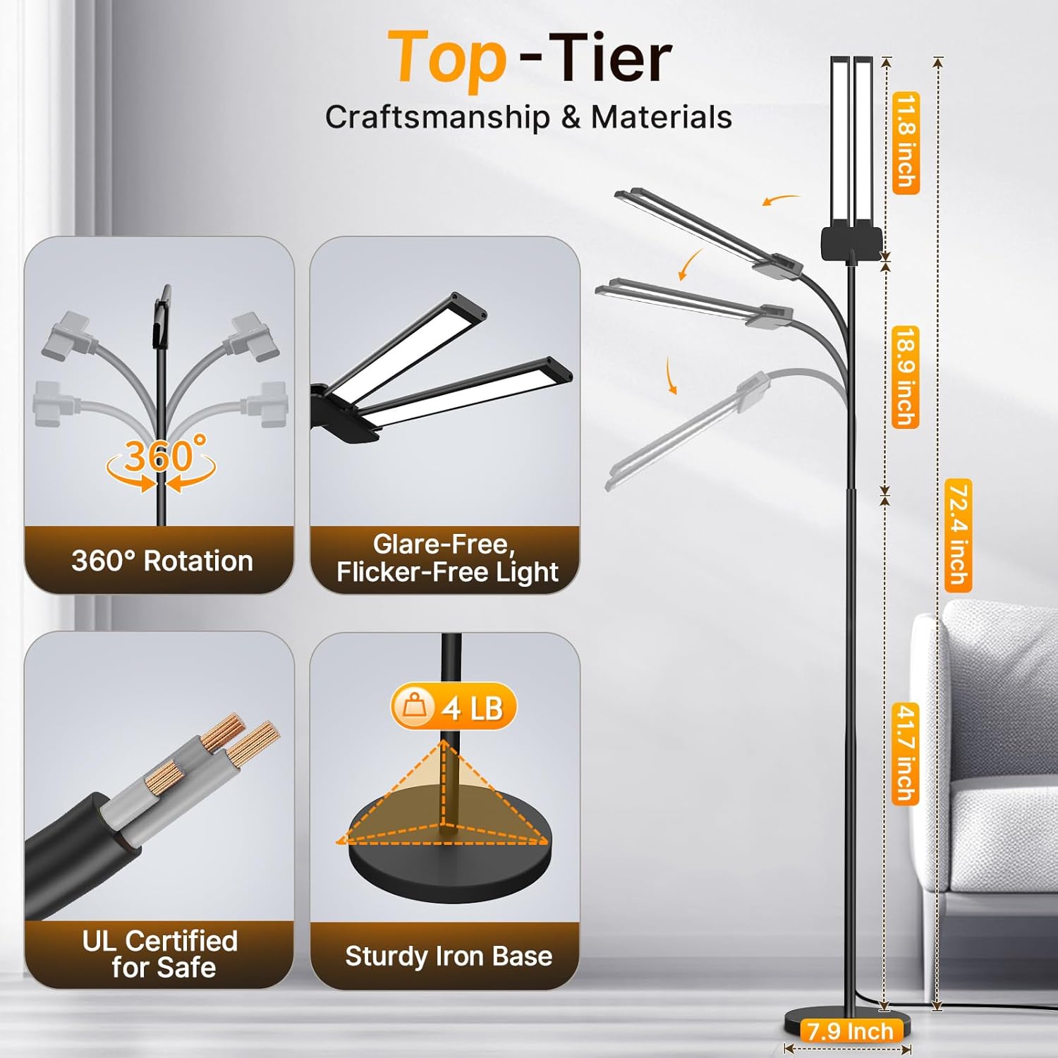 Syrinx LED Floor Lamp, 14W 2000LM Bright Floor Lamp for Office, Gesture & Remote Control, Dual Head Goose-Neck Standing Lamp, Dimmable Brightness & Color Temp, Eye Caring Reading Light for Living Room - Image 4