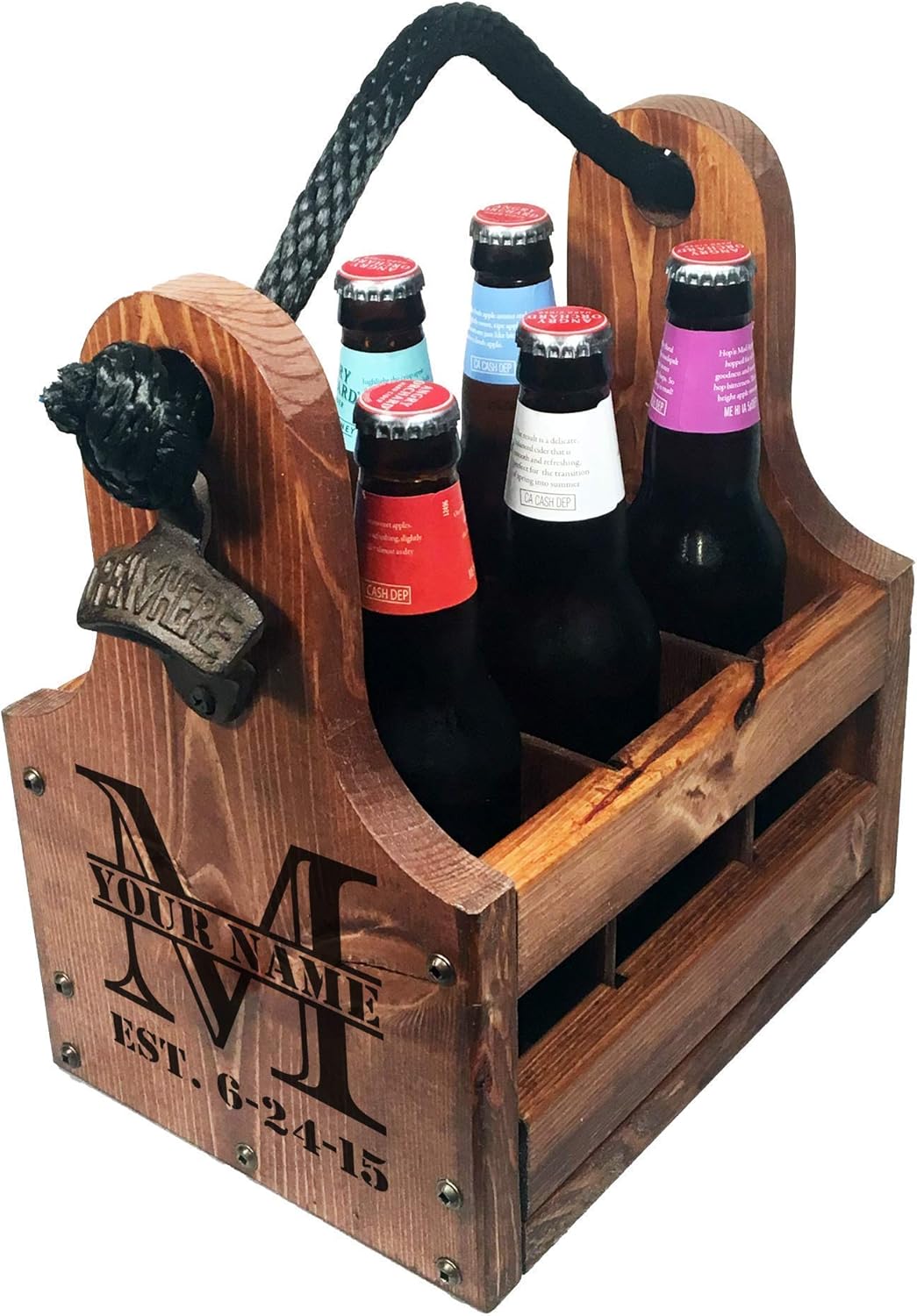 Personalized Wood Beer Caddy with Bottle Opener and Magnetic Bottle Cap Catcher. Handmade Rustic Wooden Six Pack Tote/Carrier - Split Monogram with Est. Date