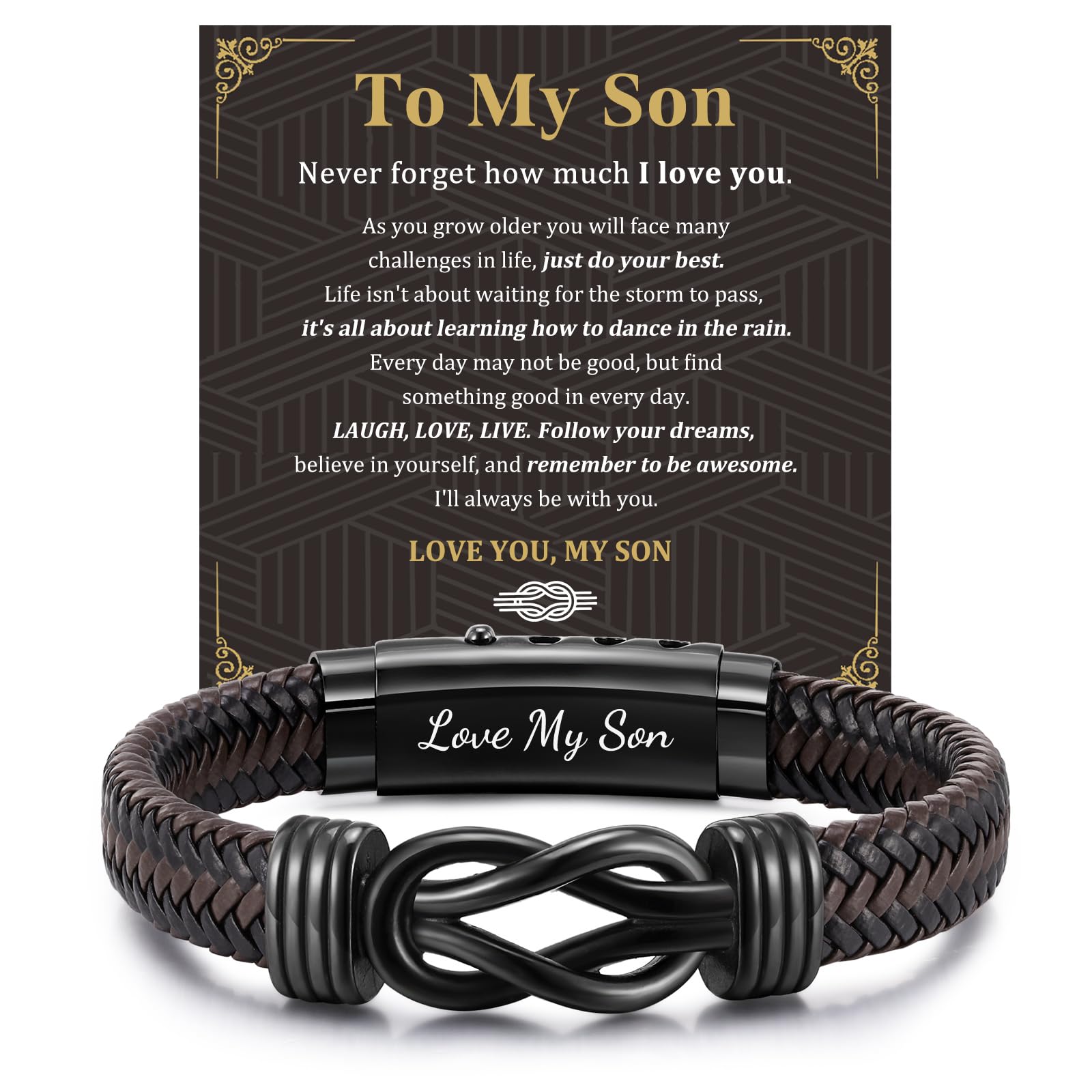 Men's Bracelets Gifts for Men - Brown Braided Leather Infinity Knot Bracelets Engraved Love Massage for Son Daddy Man Brother Husband Boyfriend, Personalised Mens Bracelets Gift for Birthday Christmas