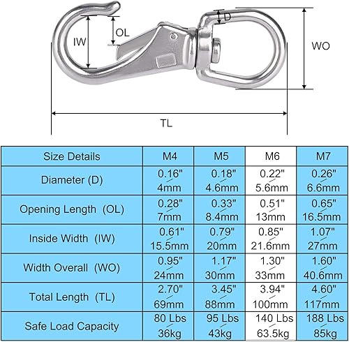 Miniatura 2 de Ganchos giratorios de acero inoxidable, paquete de 4 clips de buceo de 4 pulgadas, clips de resorte para cuerda de asta de bandera, monederos,